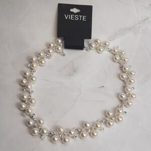 Vieste Faux Pearl & Crystal Cluster Collar Necklace